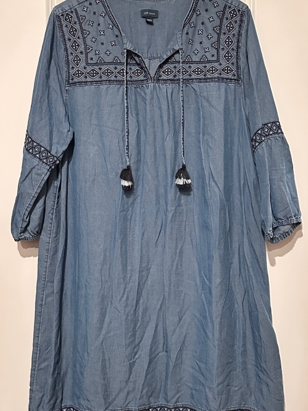 J. Jill Chambray Blue Embroidered Long-Sleeve Tunic Dress
